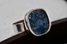 Load image into Gallery viewer, Sterling Silver Handmade Square Cracked Blue Glass Ring Size 7 Signed SR