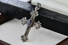 Load image into Gallery viewer, Sterling Silver Oval Onyx Cross Pendant Vintage Signed GSJ