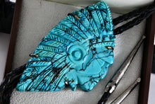Load image into Gallery viewer, Native American Carved Turquoise Indian Warrior 3.5" Pendant Bolo Tie 40" Necklace
