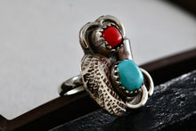 Load image into Gallery viewer, Sterling Silver Native American Turquoise & Red Coral Owl Handmade Ring Size 5