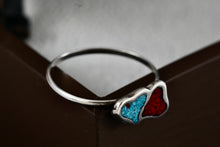 Load image into Gallery viewer, Native American Silver Red Coral & Blue Turquoise Chip Inlay Double Heart Mini Ring Size 5
