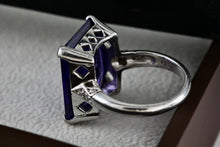 Load image into Gallery viewer, Sterling Silver Large Rectangle Purple Sapphire CZ Diamond Cocktail Ring Size 7