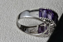 Load image into Gallery viewer, Sterling Silver Large Purple Amethysts Row Emerald Cut Filigree Dome Ring Size 9