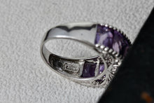 Load image into Gallery viewer, Sterling Silver Large Purple Amethysts Row Emerald Cut Filigree Dome Ring Size 9