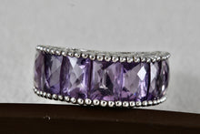 Load image into Gallery viewer, Sterling Silver Large Purple Amethysts Row Emerald Cut Filigree Dome Ring Size 9