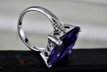 Load image into Gallery viewer, Sterling Silver Large Rectangle Purple Sapphire CZ Diamond Cocktail Ring Size 7