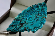 Load image into Gallery viewer, Native American Carved Turquoise Indian Warrior 3.5" Pendant Bolo Tie 40" Necklace