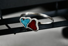 Load image into Gallery viewer, Native American Silver Red Coral & Blue Turquoise Chip Inlay Double Heart Mini Ring Size 5