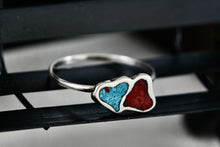 Load image into Gallery viewer, Native American Silver Red Coral & Blue Turquoise Chip Inlay Double Heart Mini Ring Size 5