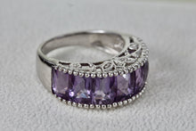 Load image into Gallery viewer, Sterling Silver Large Purple Amethysts Row Emerald Cut Filigree Dome Ring Size 9