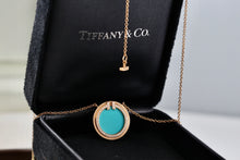 Load image into Gallery viewer, Tiffany & Co. Rose Gold Diamond Tiffany T Turquoise Pendant 16" Necklace
