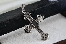 Load image into Gallery viewer, Sterling Silver Oval Onyx Cross Pendant Vintage Signed GSJ