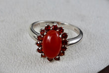 Load image into Gallery viewer, Sterling Silver Oval Red Carnelian & Garnets Gemstone Ring Size 10