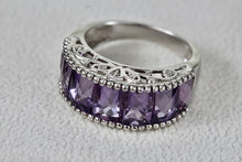 Load image into Gallery viewer, Sterling Silver Large Purple Amethysts Row Emerald Cut Filigree Dome Ring Size 9