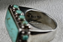Load image into Gallery viewer, Native American Silver Large Rectangle Turquoise Bead Statement Signed Ring Size 6