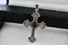 Load image into Gallery viewer, Sterling Silver Oval Onyx Cross Pendant Vintage Signed GSJ
