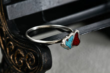 Load image into Gallery viewer, Native American Silver Red Coral & Blue Turquoise Chip Inlay Double Heart Mini Ring Size 5