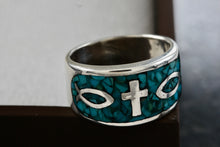 Load image into Gallery viewer, Native American Silver Large Turquoise Chip Inlay Fish & Cross Christian Faith Ring Size 8.5