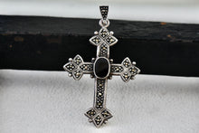 Load image into Gallery viewer, Sterling Silver Oval Onyx Cross Pendant Vintage Signed GSJ