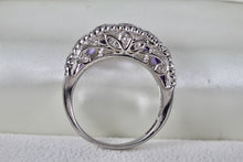 Load image into Gallery viewer, Sterling Silver Large Purple Amethysts Row Emerald Cut Filigree Dome Ring Size 9