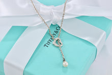 Load image into Gallery viewer, Tiffany & Co. Elsa Peretti Silver Mini Open Heart Pendant Pearl Lariat Necklace