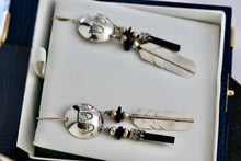 Load image into Gallery viewer, Vintage Native American Silver Dangle Feather & Black Onyx Earrings Signed LHTC