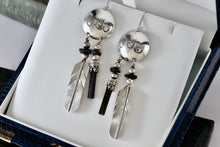 Load image into Gallery viewer, Vintage Native American Silver Dangle Feather & Black Onyx Earrings Signed LHTC