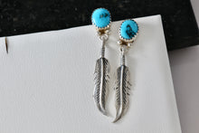 Load image into Gallery viewer, Vintage Native American Silver Turquoise Silver Dangle Feather Earrings