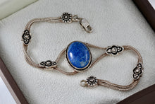 Load image into Gallery viewer, Sterling Silver Handmade Large Oval Blue Lapis Stone Floral Rope Chain 7.5" Bracelet