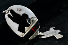 Load image into Gallery viewer, Native American Sterling Silver Onyx & Red Coral Inay Double Stencil Eagle Pendant