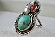 Load image into Gallery viewer, Native American Large Turquoise Oval Red Coral Rope Feather Ring Size 7