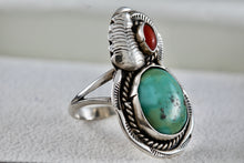 Load image into Gallery viewer, Native American Large Turquoise Oval Red Coral Rope Feather Ring Size 7