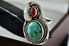 Load image into Gallery viewer, Native American Large Turquoise Oval Red Coral Rope Feather Ring Size 7