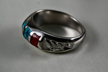 Load image into Gallery viewer, Native American Stainless Steel Turquoise Coral Chip Inlay Mirror Row Band Ring Size 5