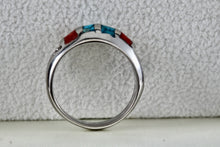 Load image into Gallery viewer, Native American Stainless Steel Turquoise Coral Chip Inlay Mirror Row Band Ring Size 5