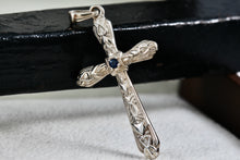 Load image into Gallery viewer, SU Sterling Silver Blue Sapphire Cross Pendant Thailand