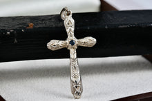 Load image into Gallery viewer, SU Sterling Silver Blue Sapphire Cross Pendant Thailand