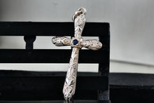 Load image into Gallery viewer, SU Sterling Silver Blue Sapphire Cross Pendant Thailand
