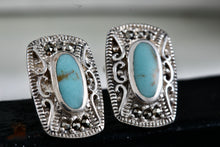 Load image into Gallery viewer, Sterling Silver Turquoise Oval Inlay Rhinestone Rectangle Stud Earrings