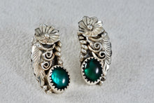 Load image into Gallery viewer, Native American Sterling Silver Floral Malachite Earrings Signed FJ