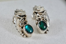 Load image into Gallery viewer, Native American Sterling Silver Floral Malachite Earrings Signed FJ