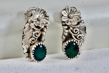 Load image into Gallery viewer, Native American Sterling Silver Floral Malachite Earrings Signed FJ