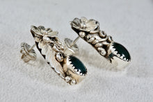 Load image into Gallery viewer, Native American Sterling Silver Floral Malachite Earrings Signed FJ