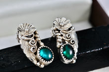 Load image into Gallery viewer, Native American Sterling Silver Floral Malachite Earrings Signed FJ