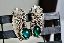 Load image into Gallery viewer, Native American Sterling Silver Floral Malachite Earrings Signed FJ