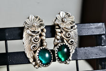 Load image into Gallery viewer, Native American Sterling Silver Floral Malachite Earrings Signed FJ