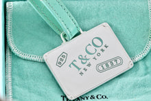 Load image into Gallery viewer, Tiffany & Co. 1837 Silver Blue Enamel Lettering Large Rectangle Tag Leather Strap Luggage Tag