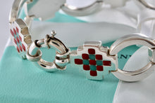 Load image into Gallery viewer, Tiffany & Co. Silver Vintage Red Green Enamel Checkered Link Heavy 7.25" Bracelet