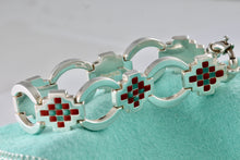 Load image into Gallery viewer, Tiffany & Co. Silver Vintage Red Green Enamel Checkered Link Heavy 7.25" Bracelet