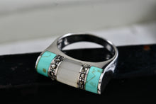 Load image into Gallery viewer, Sterling Silver Turquoise Rhinestone Moonstone Flat Ring Size 7.5